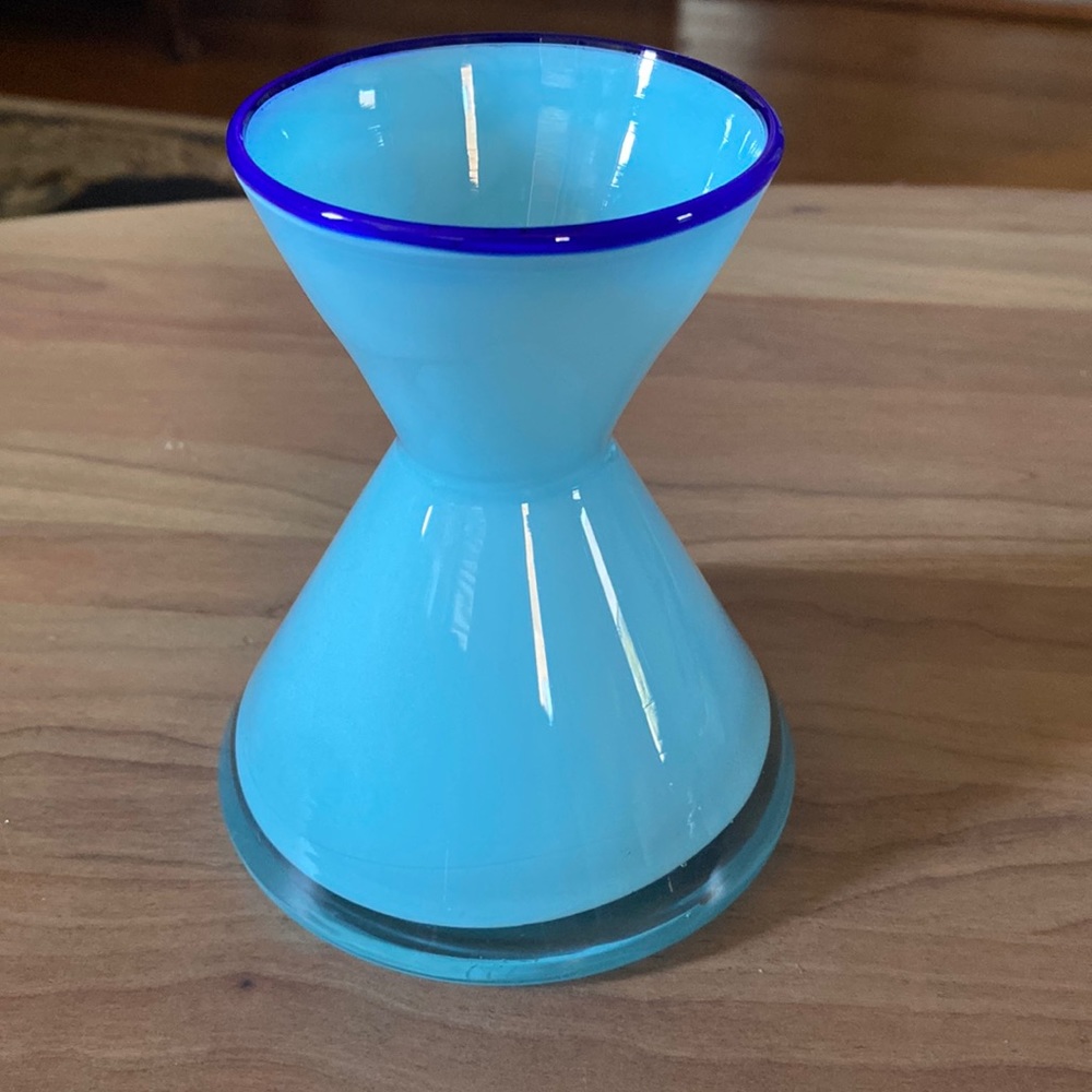 VINTAGE Hour Glass Shape Vase Light Blue W/ Darker Blue Rim